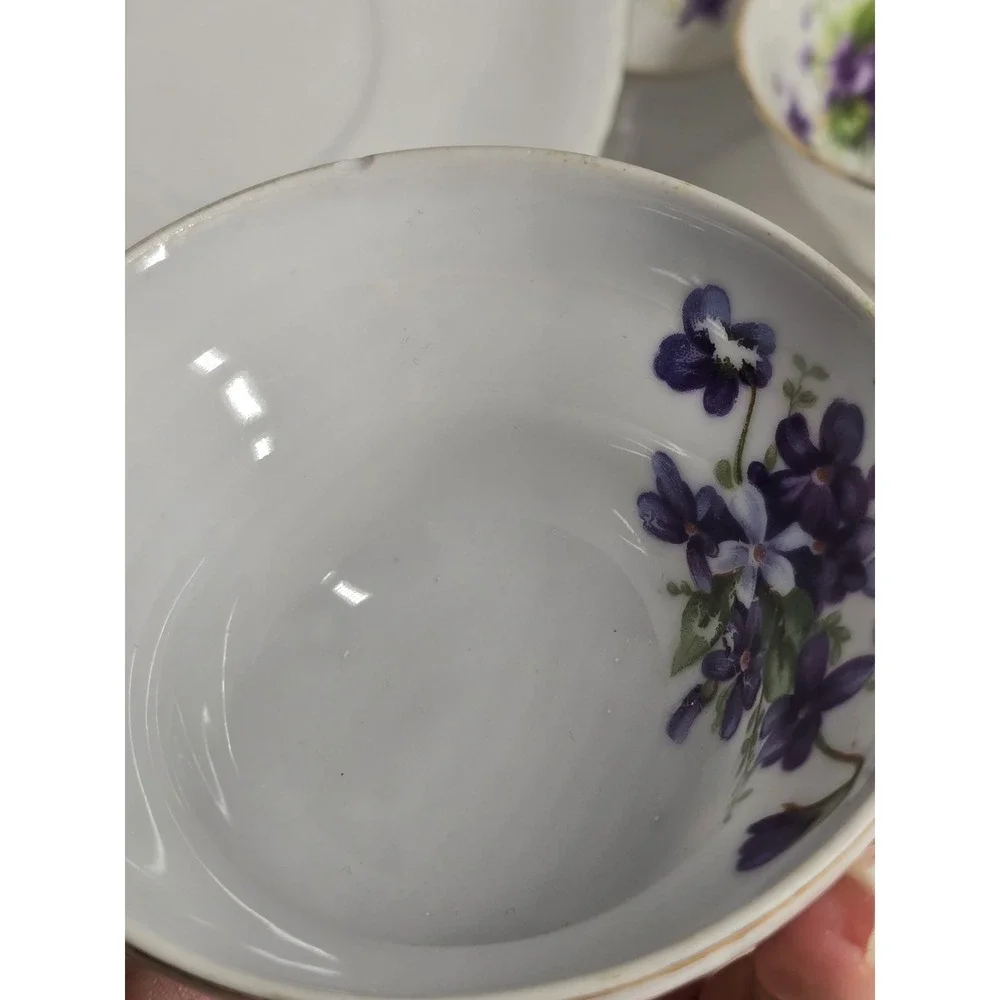Vintage Purple Violet Teacup Saucer Lot 4 Mismatched Bone China Floral AS IS